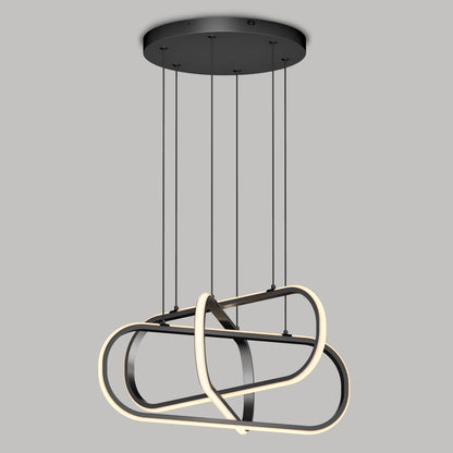 The Artika Lewis modern LED pendant light 3 CCT features interlocking oval loops in a black frame with integrated LEDs, suspended from a round black ceiling mount by four slim cables.