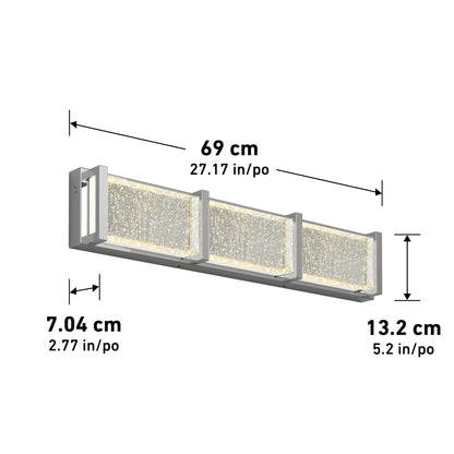The Artika Subway Essence 3 LED bathroom vanity light features three rectangular panels and measures 69 cm W x 13.2 cm H x 7.04 cm D, with dimensions labeled in both centimeters and inches.