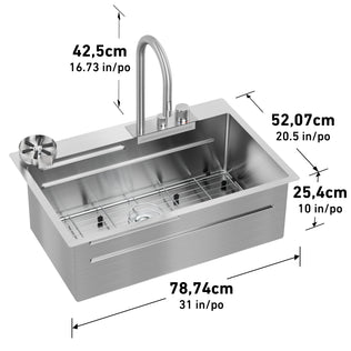The Artika Neoflow single bowl 31 in. stainless steel workstation sink features a pull-down faucet and measures 42.5cm wide, 52.07cm deep, and 25.4cm high for versatile kitchen use.