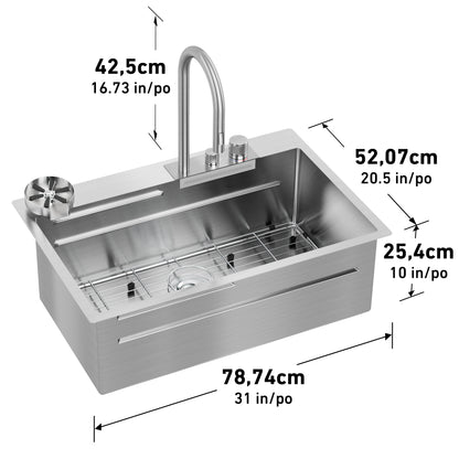 The Artika Neoflow single bowl stainless steel sink is shown with faucet and drain rack. Dimensions: 42.5 cm wide, 52.07 cm front-to-back, 25.4 cm deep, and 78.74 cm across the front edge.