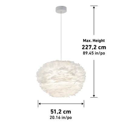 The Artika Plume LED pendant light features a round white feather shade, suspended from a ceiling mount. It measures 51.2 cm (20.16 in) wide with a max height of 227.2 cm (89.45 in)—dimensions are marked with arrows.