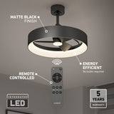 A modern ceiling fan with a matte black finish and integrated LED light is shown on a ceiling. Features highlighted include remote control, energy efficiency, no bulbs required, and a 5-year warranty.
