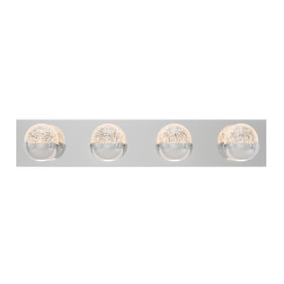 The Artika Oracle modern LED bathroom vanity light features four round glass domes on a sleek rectangular metallic base.