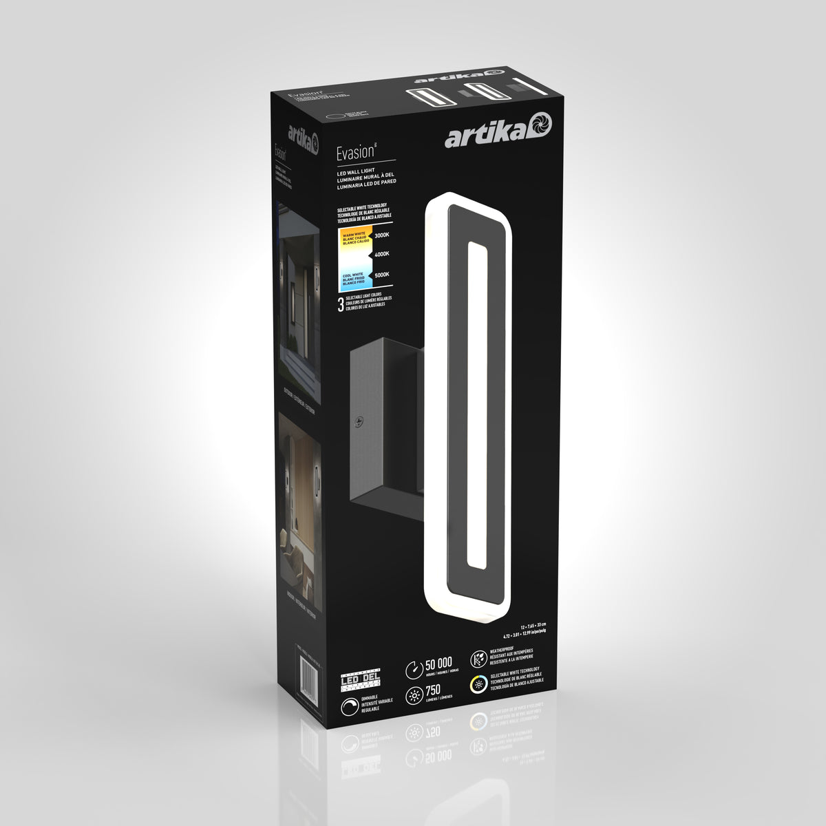A black rectangular box packaging for an Artika Evasion wall light, showing a photo of the modern, rectangular LED wall fixture on the front, along with product features and specifications in white text.