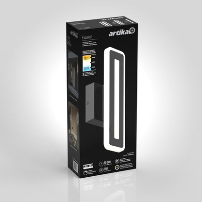 A black box of the Artika Evasion modern indoor-outdoor LED wall light 3 CCT displays a vertical rectangular fixture, product details, and images showing the light installed indoors.