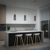 Modern kitchen with a large island, three white bar stools, hanging pendant lights, sleek white cabinets, built-in oven, potted plant, and a window showing greenery outside at night.