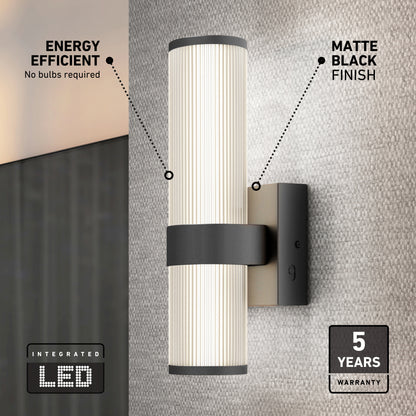 The Artika Mirado modern LED wall sconce 5 CCT features a matte black finish, integrated energy-efficient LED with no bulbs required, and comes with a 5-year warranty—perfect for mounting on textured walls.
