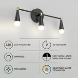 Modern black and gold three-light wall fixture with round base; features listed below include LED integrated, 50,000-hour lifespan, dimmable, easy installation, 900 lumens, and selectable white technology.