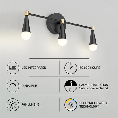 The Artika Wayden LED mid-century bathroom vanity light 3 CCT features integrated LEDs, 50,000-hour lifespan, dimmable lighting, easy installation, 900 lumens output, and selectable white technology in a modern black and gold design.