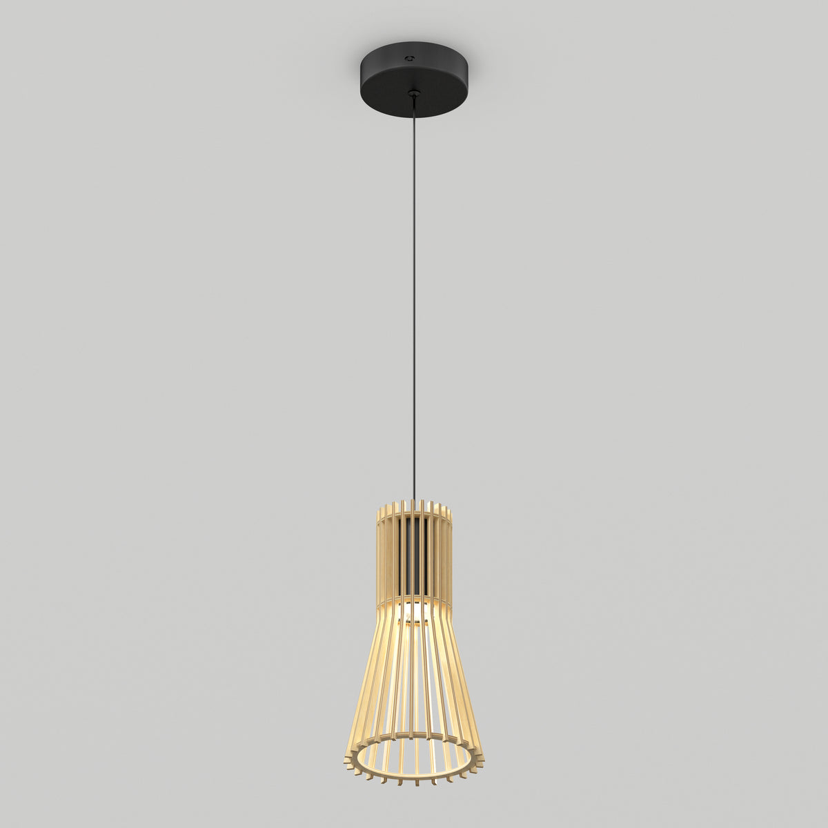 A pendant light with a black ceiling mount and cord, featuring a wooden, cage-like lampshade that tapers outward, hanging against a plain light grey background.