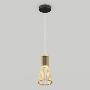The Artika Kiyo modern LED pendant 3 CCT features a black ceiling mount, slim black cord, and wooden slatted shade emitting a warm glow, suspended against a plain light gray background.