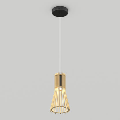 The Artika Kiyo modern LED pendant 3 CCT features a black ceiling mount, slim black cord, and wooden slatted shade emitting a warm glow, suspended against a plain light gray background.