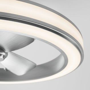 Close-up of the Artika Edwin 23 in. LED modern ceiling fan with silver blades, circular light ring, and 3 speeds, shown against a light gray background. Includes remote control for easy operation.