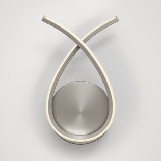 Overhead view of the Artika Gamma modern LED wall sconce 5 CCT, featuring two silver curved LED strips crossing in a loop above a circular base, set against a plain white background.