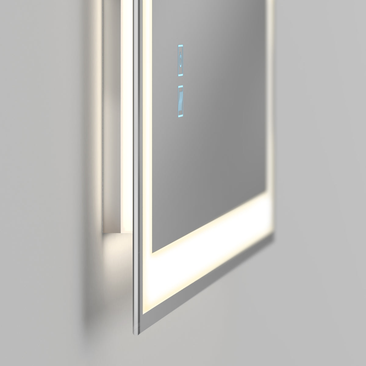 A close-up of a modern, rectangular mirror with built-in LED lighting and two illuminated touch buttons on the reflective surface, mounted on a light-colored wall.