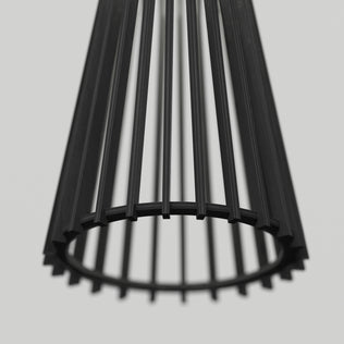 Close-up of the Artika Kiyo modern LED pendant 3 CCT—a sleek, black cylindrical fixture with vertical metal rods and an open circular bottom—set against a plain, light background.