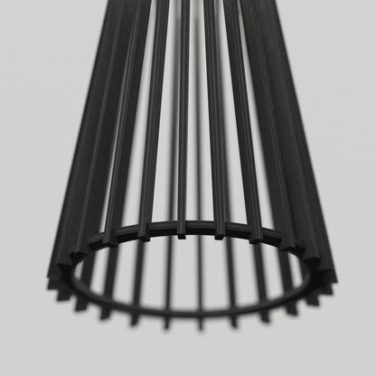 Close-up of the Artika Kiyo modern LED pendant 3 CCT—a sleek, black cylindrical fixture with vertical metal rods and an open circular bottom—set against a plain, light background.