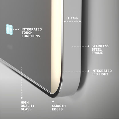 A close-up of the Artika Onyx dimmable LED mirror 3 CCT showcases its rectangular design, integrated touch controls, high-quality glass, smooth edges, stainless steel frame, and adjustable LED lighting.