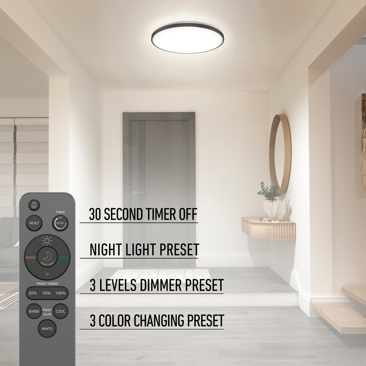 A modern hallway with a ceiling light fixture, a wall mirror, and a wooden console table. A remote control is pictured, showing settings like timer, night light, dimmer, and color changing options.