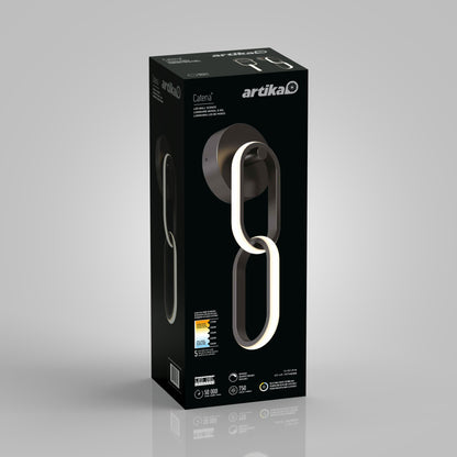 A black rectangular box displays the Catena modern LED wall sconce 5 CCT by Artika, featuring a unique looped LED design. The packaging highlights product features and certifications on a gray gradient background.