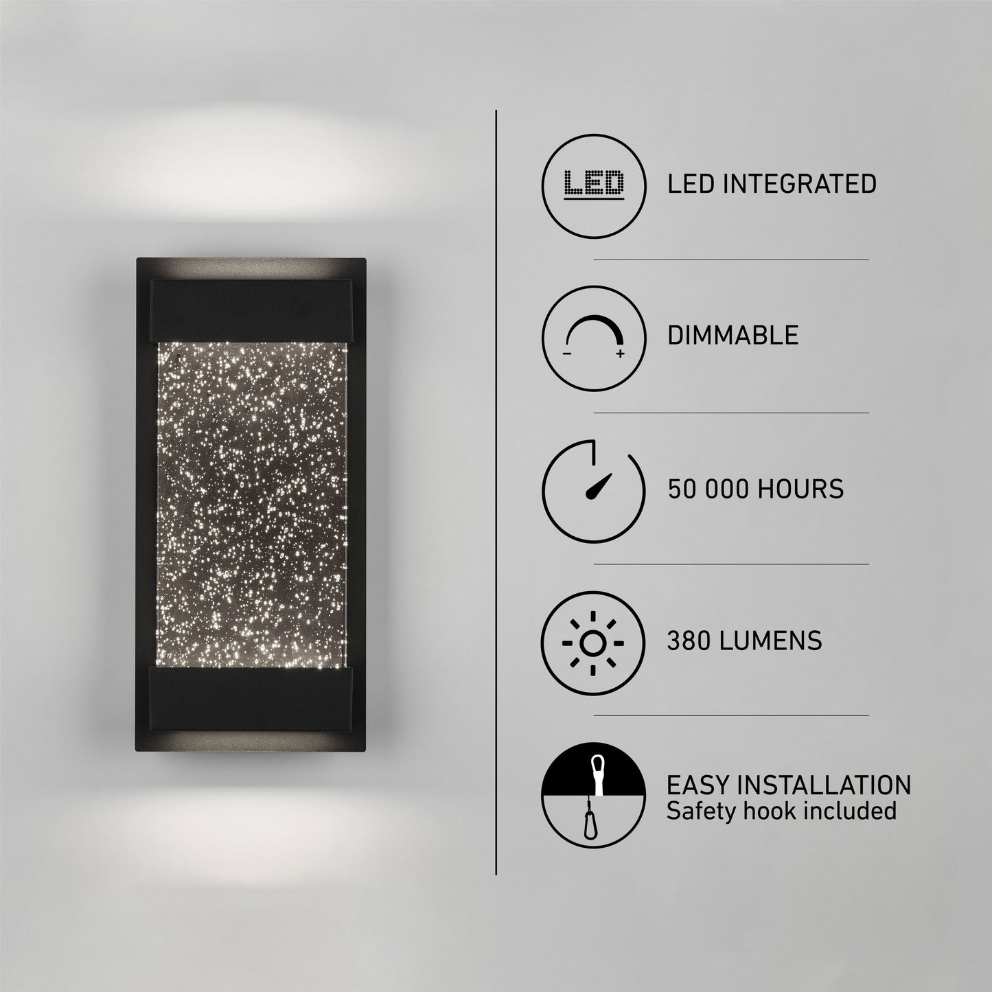 The Essence Glow Box by Artika is a modern indoor-outdoor LED wall light featuring a star-like pattern, 380 lumens, dimmable lighting, 50,000-hour lifespan, and easy installation with a safety hook.