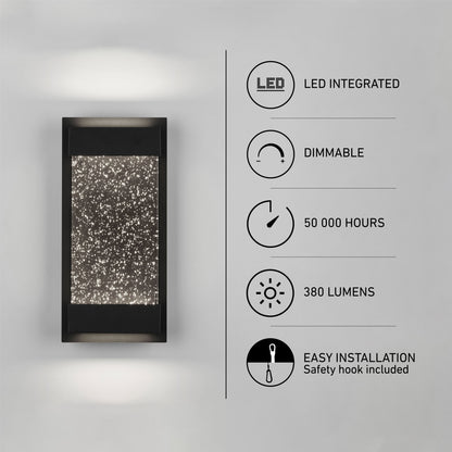 The Essence Glow Box by Artika is a modern indoor-outdoor LED wall light featuring a star-like pattern, 380 lumens, dimmable lighting, 50,000-hour lifespan, and easy installation with a safety hook.