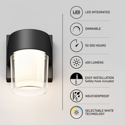 Black Artika Halden indoor-outdoor LED wall light 5 CCT with dimmable, 50,000-hour, 400-lumen, weatherproof, and easy installation icons.