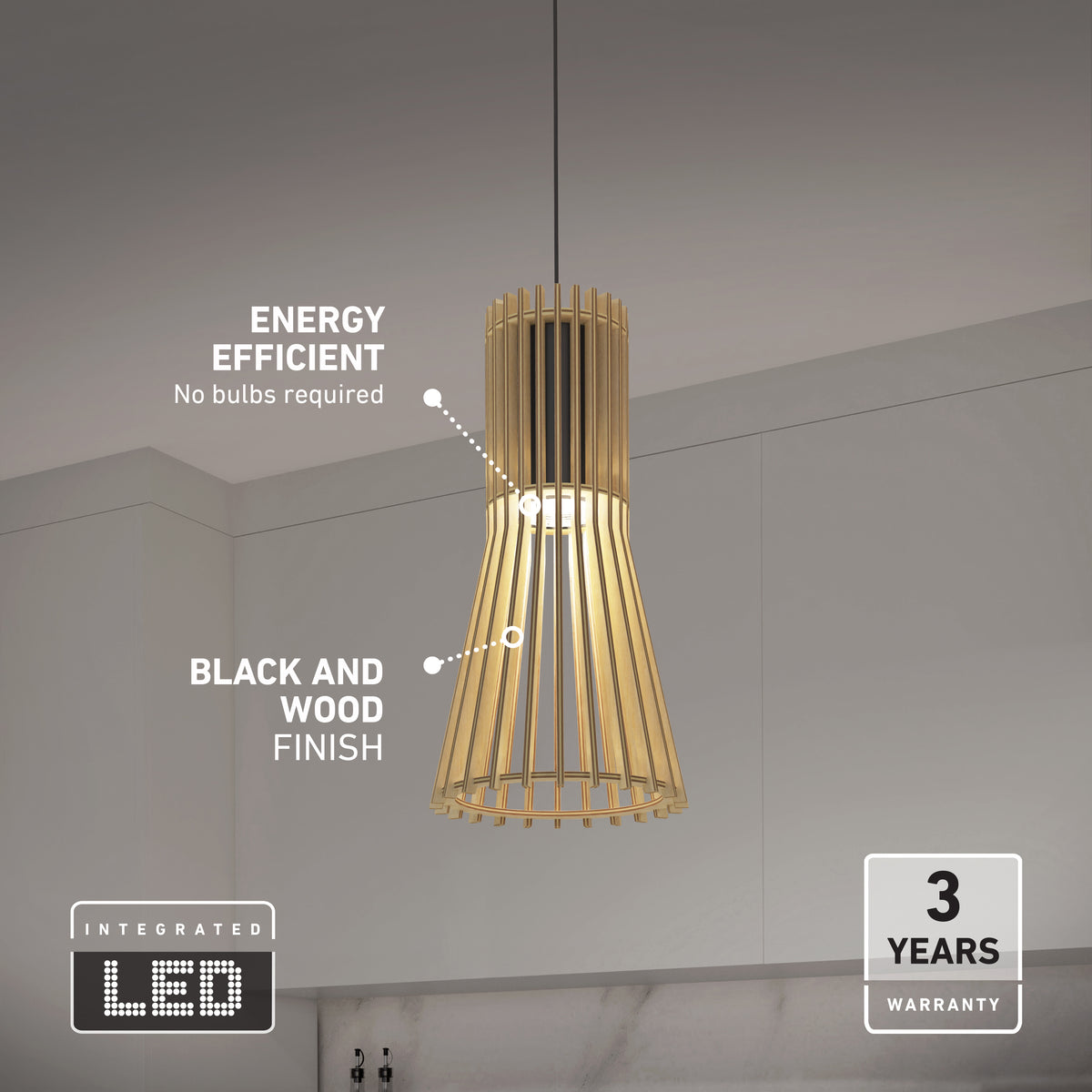 A modern pendant light with a black and wood finish hangs over a kitchen counter. Text highlights its energy efficiency, integrated LED, no bulbs required, and a 3-year warranty.