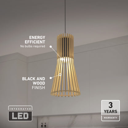 The Artika Kiyo modern LED pendant 3 CCT features a sleek black and wood finish, energy-efficient integrated LED (no bulbs needed), and comes with a 3-year warranty—perfect for hanging above your kitchen counter.