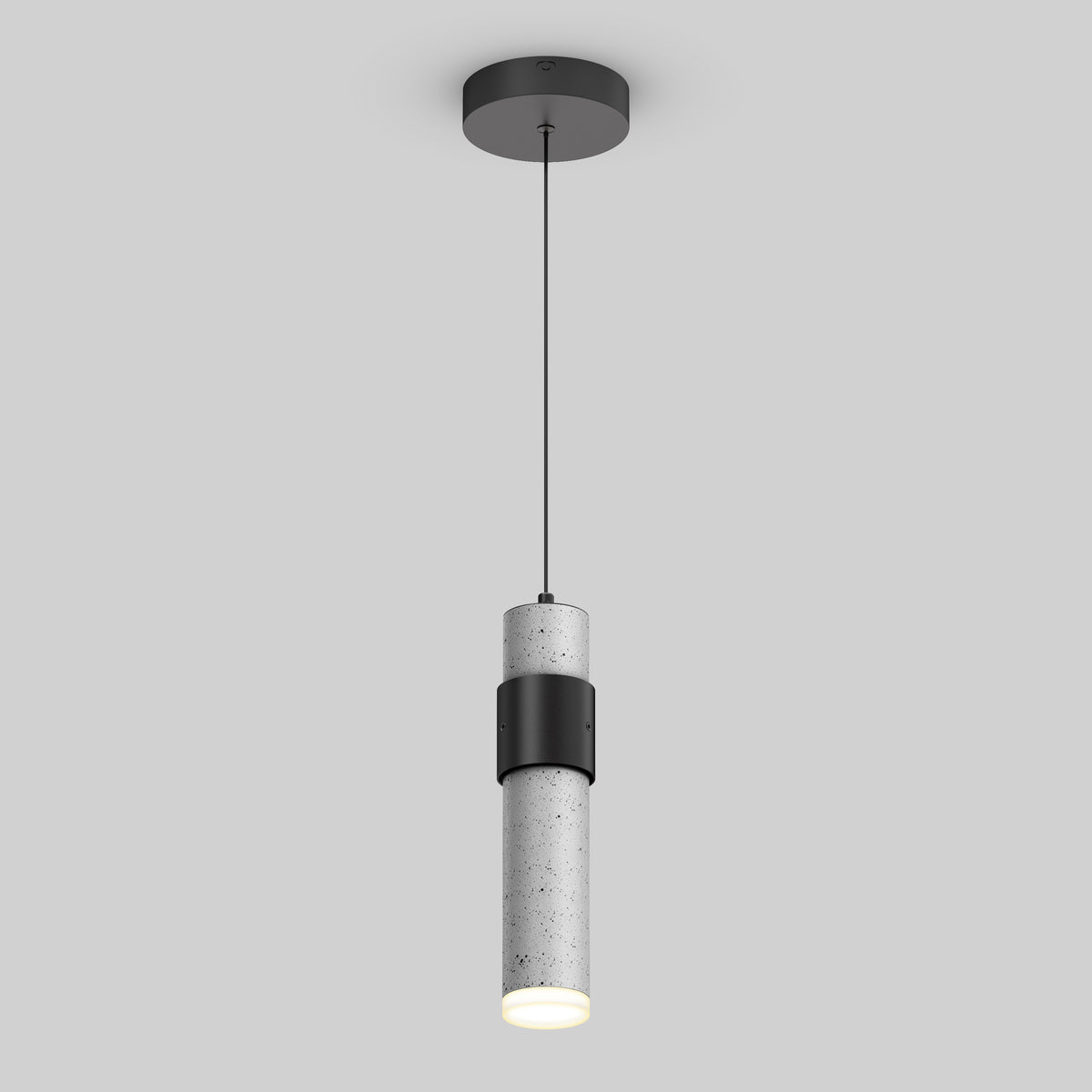 The Barden 1-light LED pendant by Artika features a cylindrical concrete shade with a black accent band and ceiling mount, suspended by a slim black cord against a light gray background.