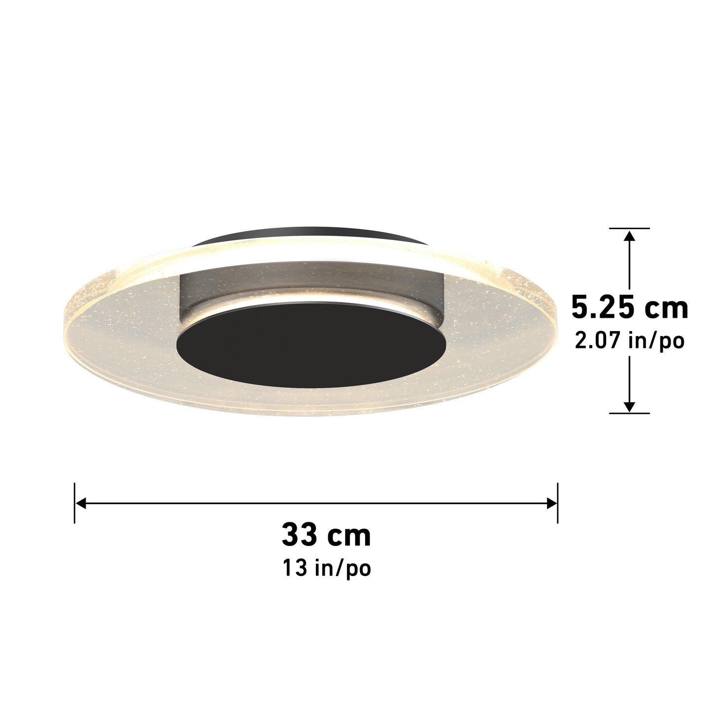The Artika-CAN-dev Essence Disk LED flush mount is a round ceiling fixture, 33 cm (13 in) in diameter and 5.25 cm (2.07 in) high, featuring a black center, haloed glass diffuser, and translucent outer ring.