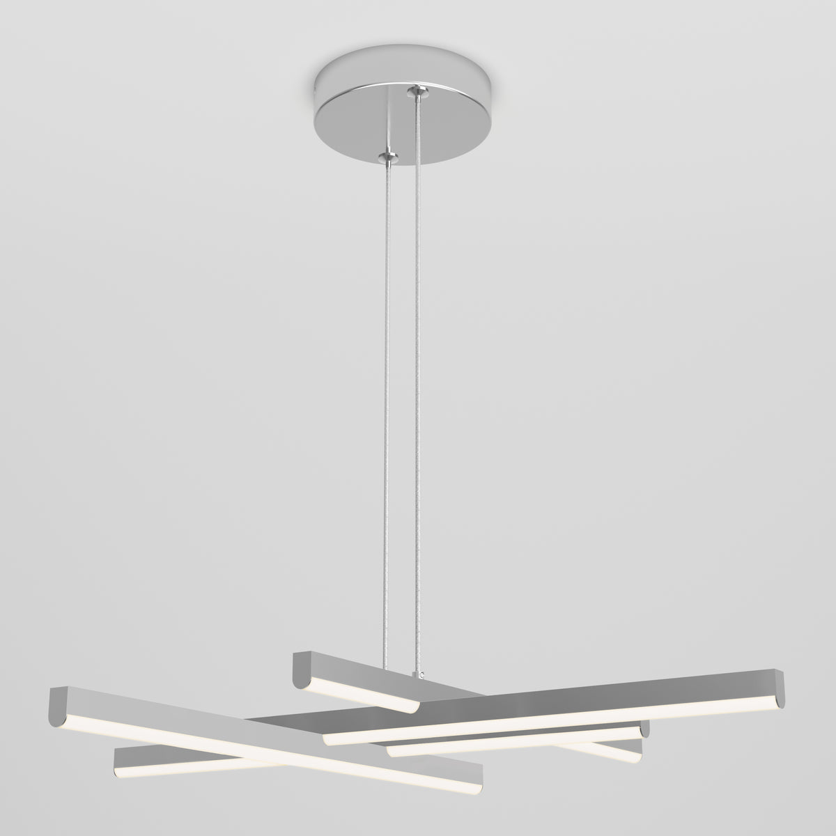 The Artika Grid modern LED pendant light 5 CCT features three intersecting horizontal LED bars, suspended by two slim cables from a round metallic ceiling mount, shown against a plain white background.