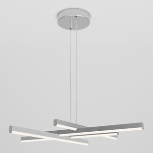 The Artika Grid modern LED pendant light 5 CCT features three intersecting horizontal LED bars, suspended by two slim cables from a round metallic ceiling mount, shown against a plain white background.
