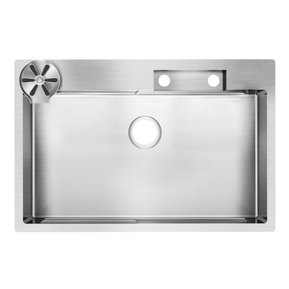 A top-down view of the Artika Neoflow single bowl stainless steel sink shows a rectangular design with a central drain, two faucet holes, and a round strainer in the top left corner.
