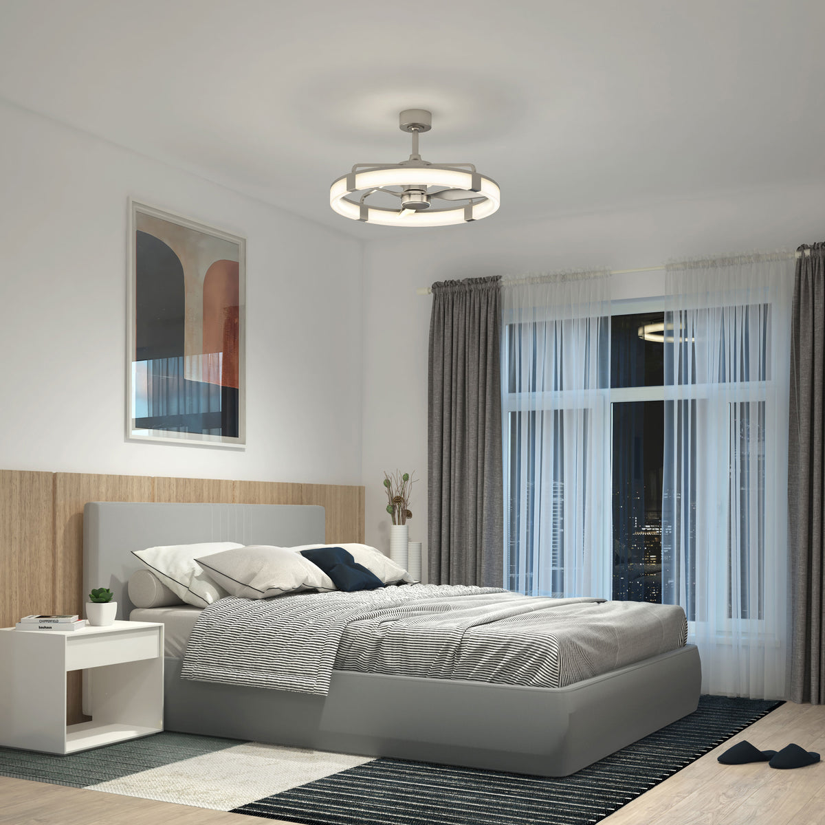 Modern bedroom with a gray bed, striped rug, nightstand, wall art, city view, and an Artika Sunnyvale 28″ LED fandelier overhead.