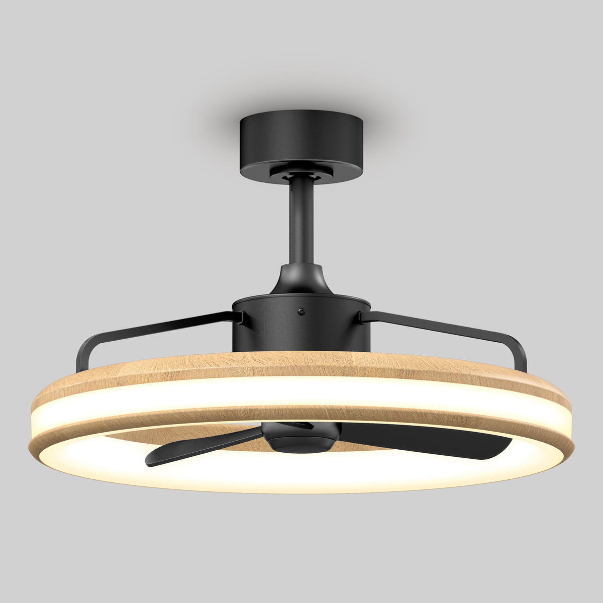 The Artika Lugano 23 in. LED modern ceiling fan features a circular wooden frame, integrated LED light, black metal accents, and three black blades. It’s remote-controlled and mounted on a gray ceiling.