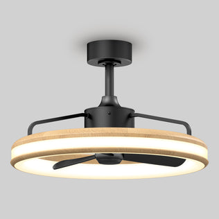 The Artika Lugano 23 in. LED modern ceiling fan features a circular wooden frame, integrated LED light, black metal accents, and three black blades. It’s remote-controlled and mounted on a gray ceiling.