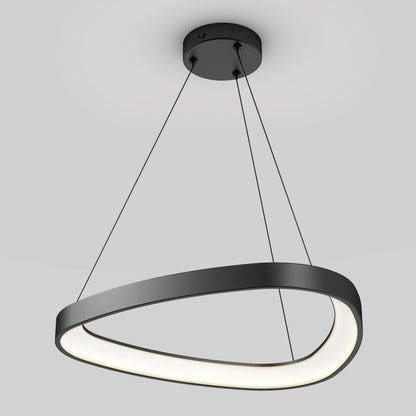 The Artika Bjorn modern LED pendant light 5 CCT features a black asymmetrical ring design with built-in LEDs, suspended by three thin cables from a circular ceiling mount, shown against a plain gray background.