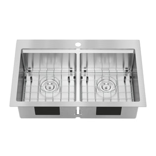 The Artika Newport twin bowl 33 in. stainless steel workstation sink features a sleek, modern double-basin design with a single faucet hole and removable metal grids for each basin.