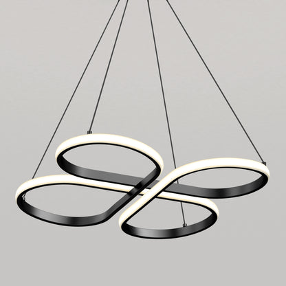 A modern ceiling light fixture with two interlocking, black oval loops, each bordered by integrated white LED lights, suspended from the ceiling by four thin black cables against a plain background.