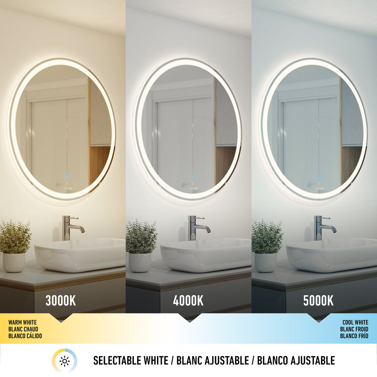 Three round, illuminated bathroom mirrors above a white sink and countertop, each displaying different white light settings: warm (3000K), neutral (4000K), and cool (5000K), with bilingual labels and a color temperature scale below.