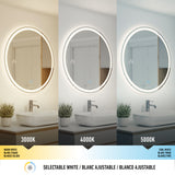 Three round, illuminated bathroom mirrors above a white sink and countertop, each displaying different white light settings: warm (3000K), neutral (4000K), and cool (5000K), with bilingual labels and a color temperature scale below.