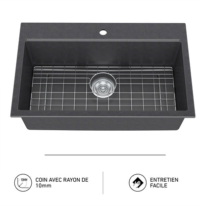 Artika Baycrest 33-in black sink with metal grid, drain, two icons, and French feature text below.