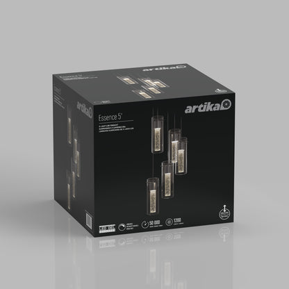 Black box packaging for the Artika Essence 5-light LED pendant displays an image of the lights, product features, lifespan, and brightness on a gray background.