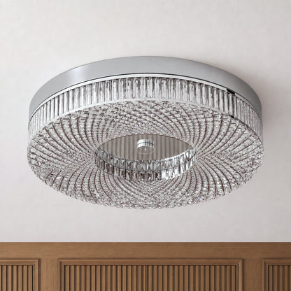 FM Lysara 15 in. LED Fashion Flush Mount Ceiling Light 5 CCT, a round fixture with a metallic frame and a wide band of sparkling crystal prisms.