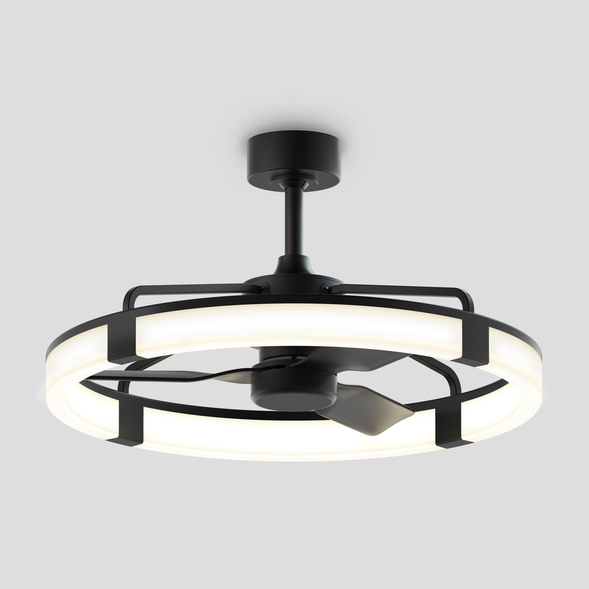 The Artika Sunnyvale 28 in. LED modern ceiling fan, featuring a black metal frame, circular LED light ring, and remote-controlled adjustable lighting, is suspended from the ceiling against a plain light gray background.