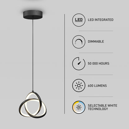 The Artika Zephyr LED pendant features three interlocking rings, a black ceiling mount, and icons for LED integration, dimmable lighting, 50,000-hour lifespan, 600 lumens brightness, and selectable white technology.