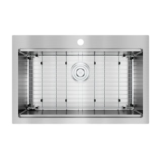 Top view of the Artika Newport single bowl 31 in. stainless steel workstation sink, featuring a center drain, bottom grid, and pre-drilled faucet hole at the back.