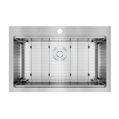 Top view of the Artika Newport single bowl 31 in. stainless steel workstation sink, featuring a center drain, bottom grid, and pre-drilled faucet hole at the back.