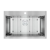 Rectangular stainless steel kitchen sink with a central drain, metal grid at the bottom, and a faucet hole at the back, viewed from above.